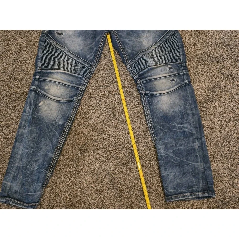 Rock Revival Rodrigo Men 34x30 Biker Moto Straight Thick Stitch Blue Jeans Flap
